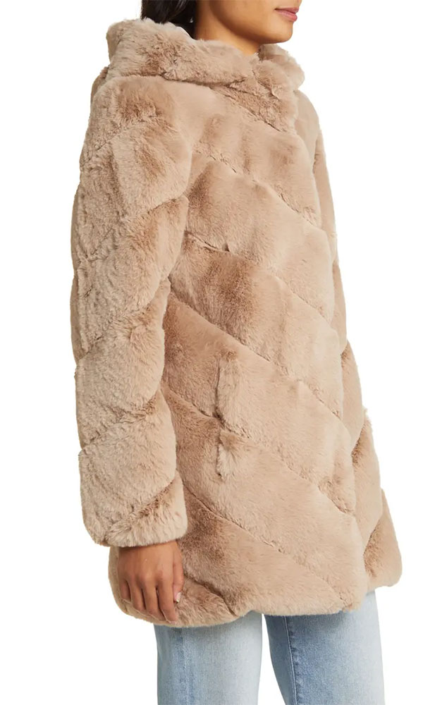 BCBGMAXAZRIA Chevron Faux Fur Hooded Jacket in Hazelnut