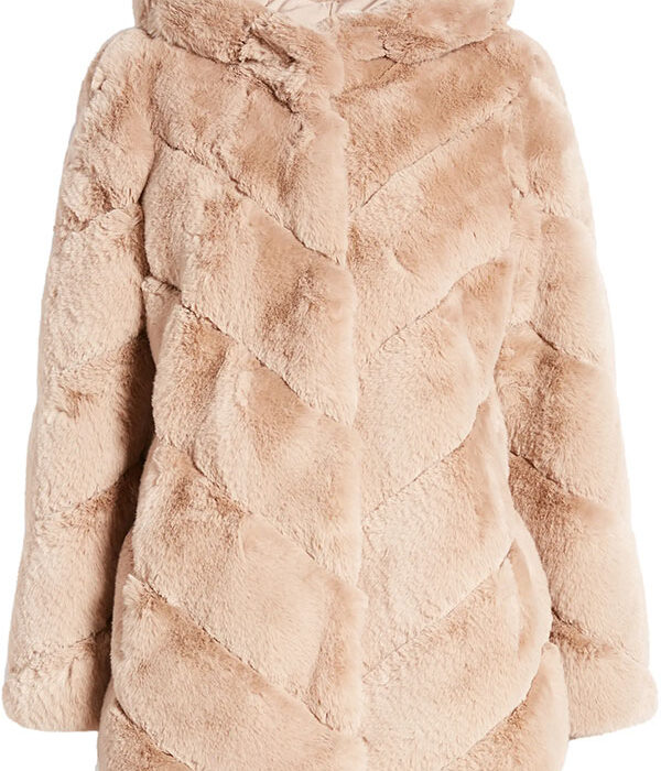 BCBGMAXAZRIA Chevron Faux Fur Hooded Jacket in Hazelnut