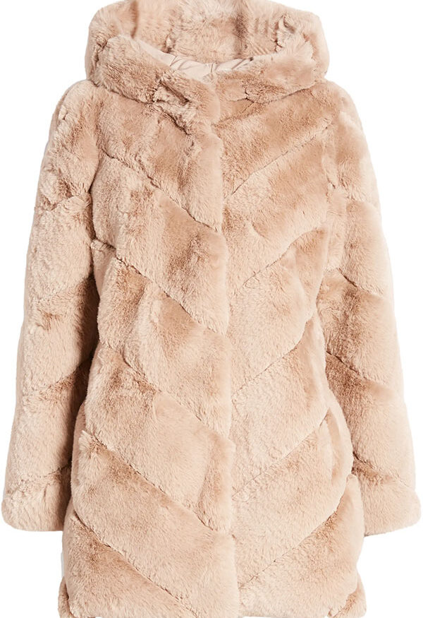 BCBGMAXAZRIA Chevron Faux Fur Hooded Jacket in Hazelnut