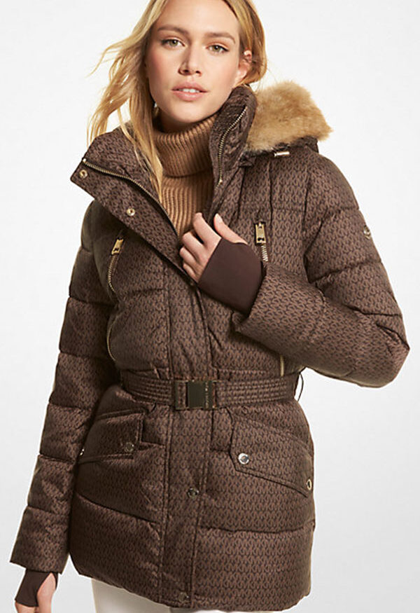 Faux Fur Trim Logo Print Puffer Coat