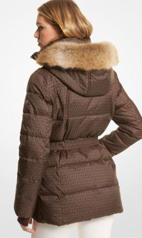 Faux Fur Trim Logo Print Puffer Coat
