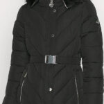 Michael Kors Women's Black Belted Down Chevron Scutab Stretch Quilted Coat Jacket with Faux Fur
