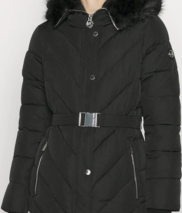 Michael Kors Women's Black Belted Down Chevron Scutab Stretch Quilted Coat Jacket with Faux Fur