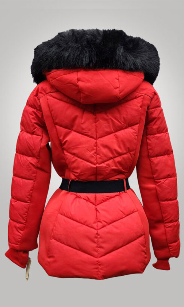 Michael Kors Women’s Faux Fur Hooded Puffer Scuba Belted Coat Jacket