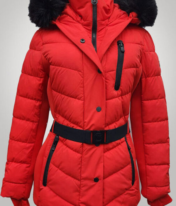 Michael Kors Women’s Faux Fur Hooded Puffer Scuba Belted Coat Jacket