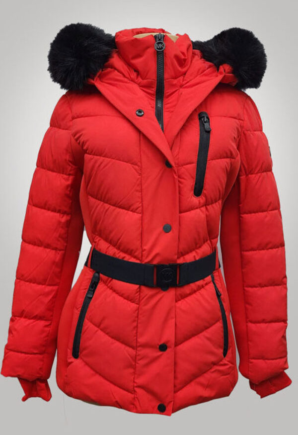 Michael Kors Women’s Faux Fur Hooded Puffer Scuba Belted Coat Jacket