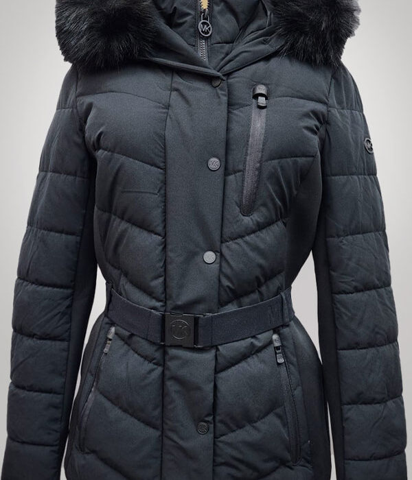 Michael Kors Women's Faux Fur Hooded Puffer Scuba Belted Coat Jacket Black