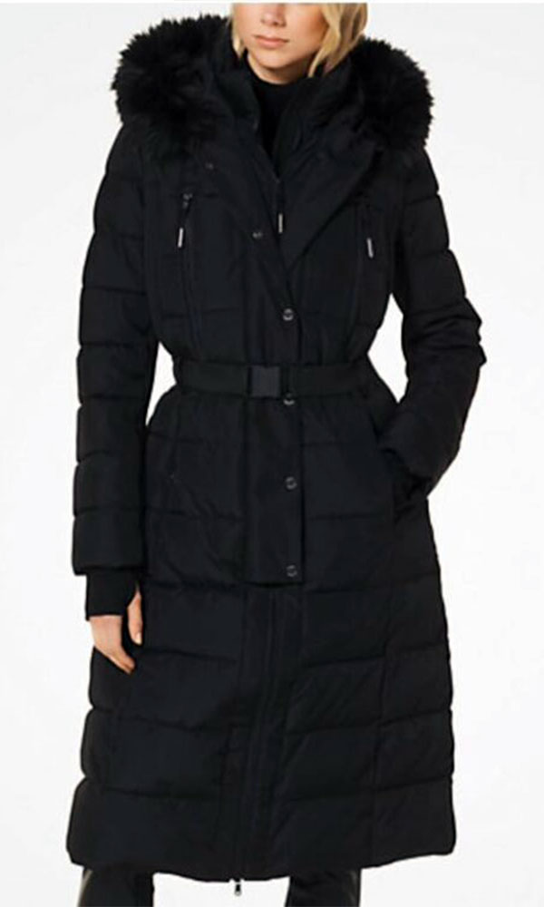 WOMEN’S BELTED FAUX FUR TRIM HOODED MAXI PUFFER COAT