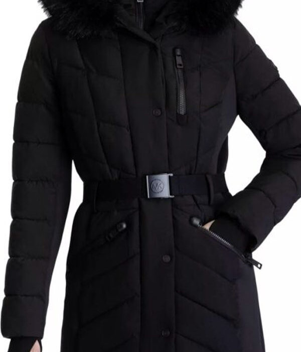 WOMEN’S BELTED FAUX FUR TRIM HOODED MAXI PUFFER COAT