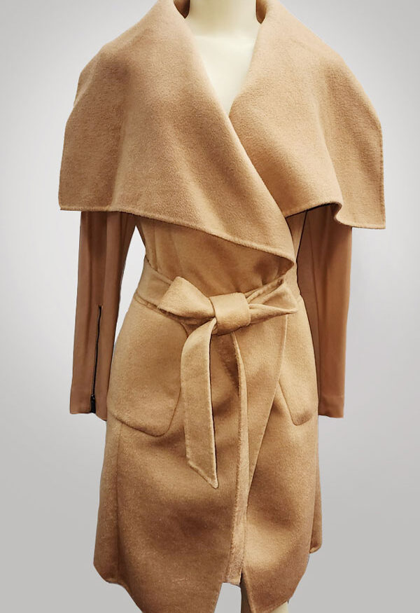 BCBGMAXAZRIA Women's Black Navy Boiled Wool Leather Sleeve Wrap Coat