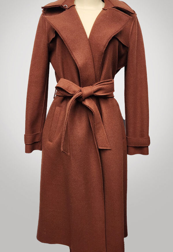 BCBGMAXAZRIA Women’s Raw Edged Wool Belted Long Trench Coat